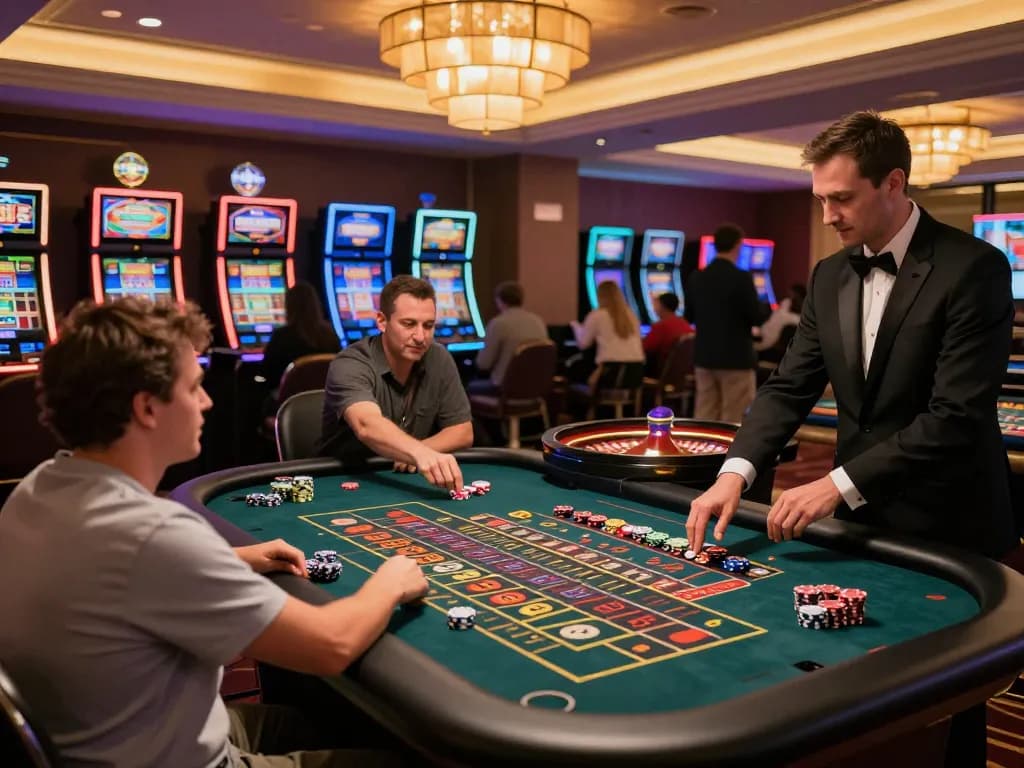 Experience the excitement of 78win with players at a roulette table, vibrant atmosphere.