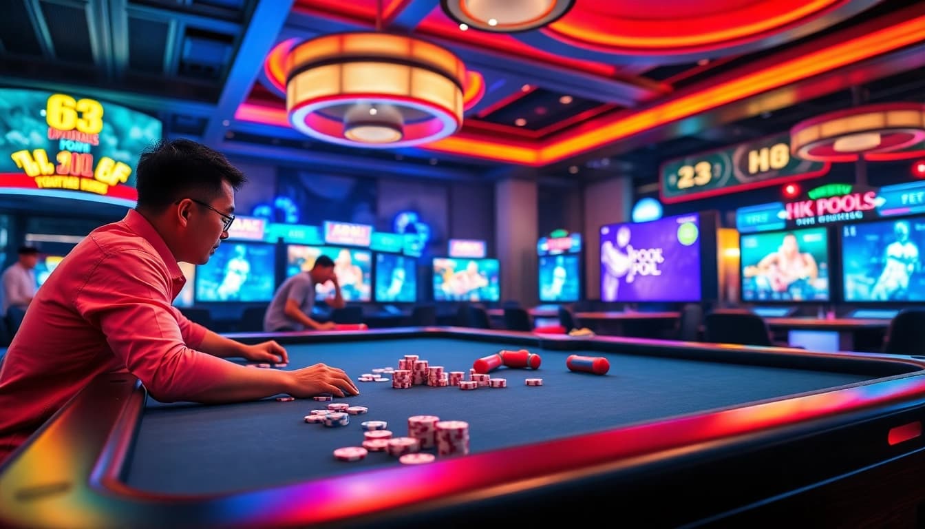 Permainan HK Pools yang mengasyikkan dari https://thebjh.com/ dengan pemain fokus dan suasana kasino berwarna-warni.