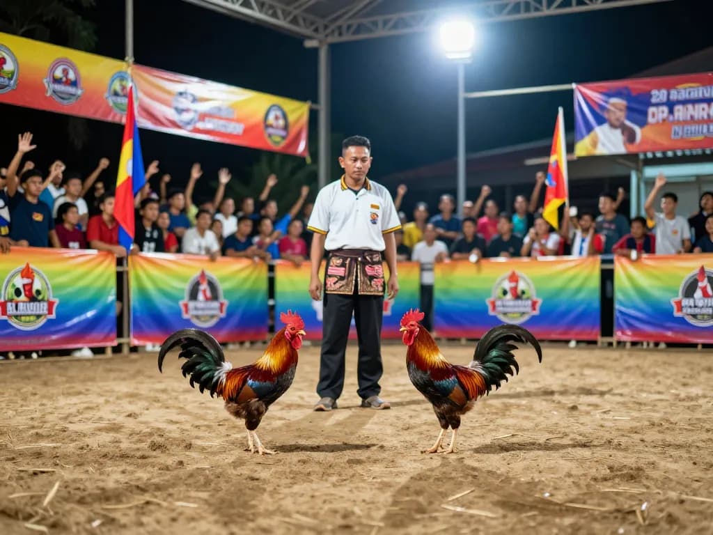 Pengalaman menarik pertandingan sabung ayam online dengan suasana yang hidup dan kerumunan yang bersorak.