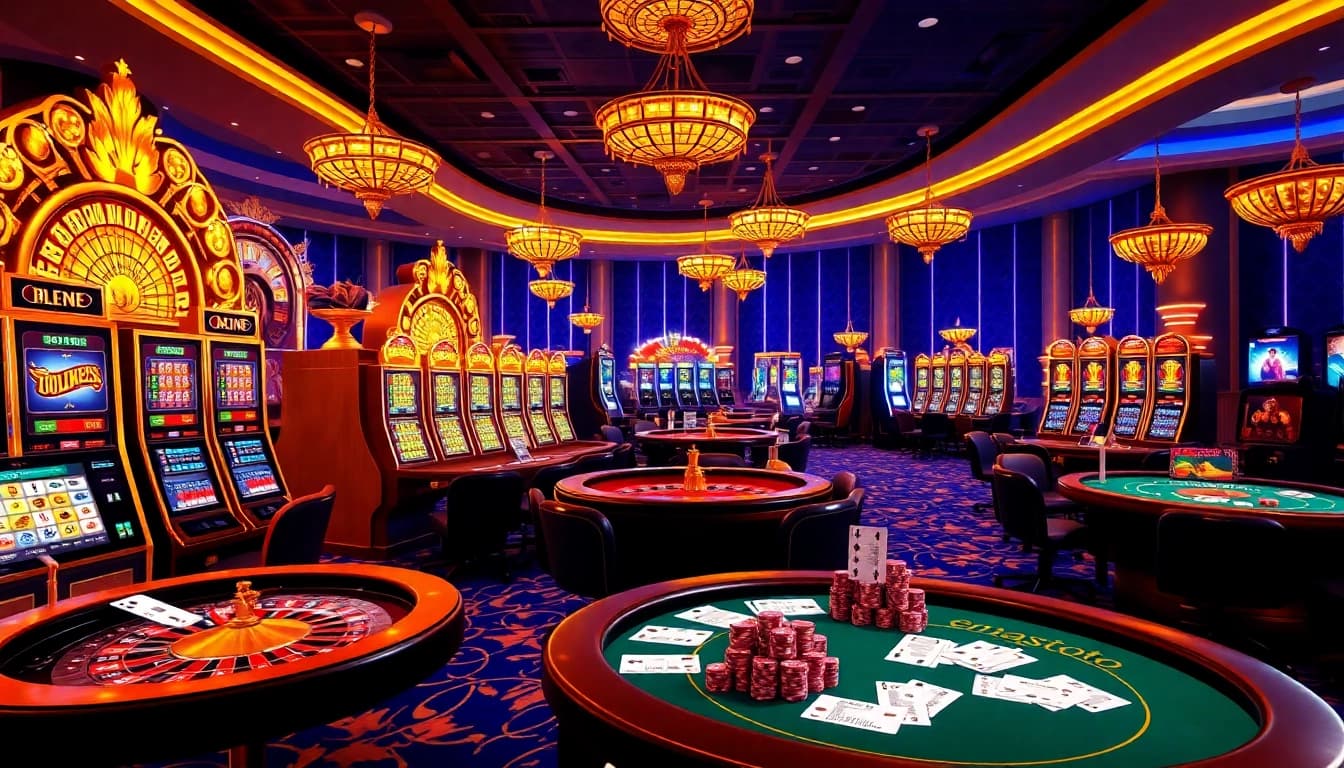 Nikmati sensasi menang di Emastoto dengan meja kasino yang berwarna-warni, mesin slot, dan keping poker.