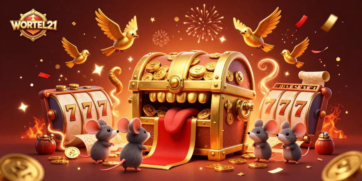 Experience thrilling jackpots at WORTEL21 with this enticing treasure illustration inviting players into a vibrant casino world.