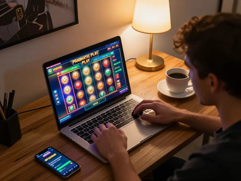 LIGALGO player spinning reels on an engaging Pragmatic Play slot from a cozy home setup.