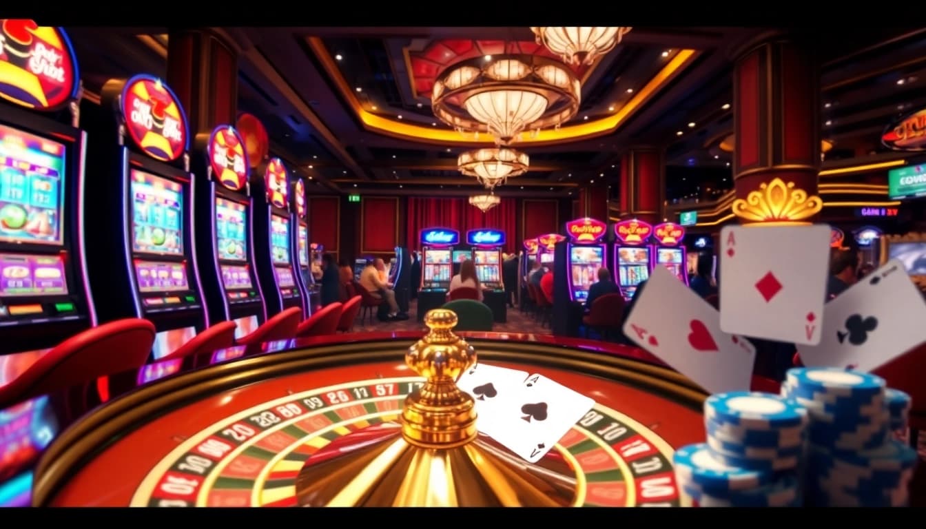 Experience thrilling demo slot games at a luxurious casino filled with vibrant slot machines.