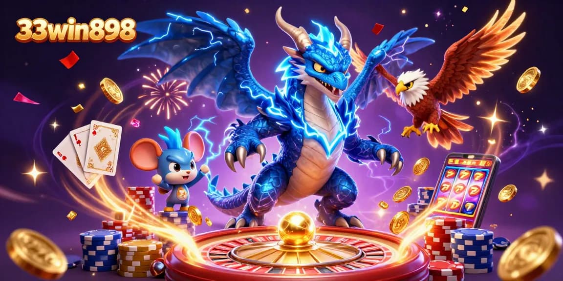 Engage with the electrifying world of 33win898 as thunderous characters sparkle through a vibrant casino scene.