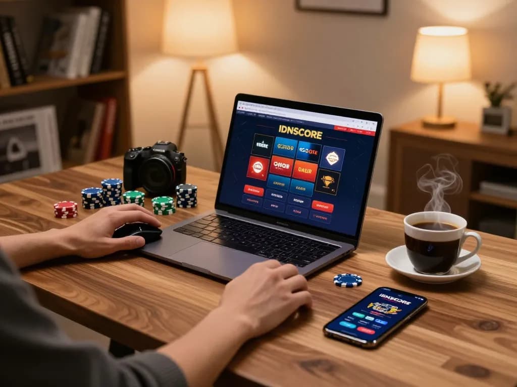 IDNSCORE gaming experience on a stylish desk with laptop and smartphone, showcasing online casino excitement.