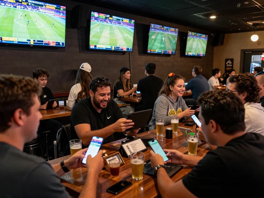 Patrons engaging in kèo nhà cái sports betting while watching live events at a lively bar