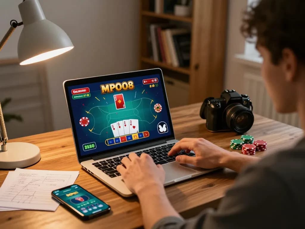 MPO08 user strategizing for an online poker game at home, showcasing engaging gameplay and responsible gambling.