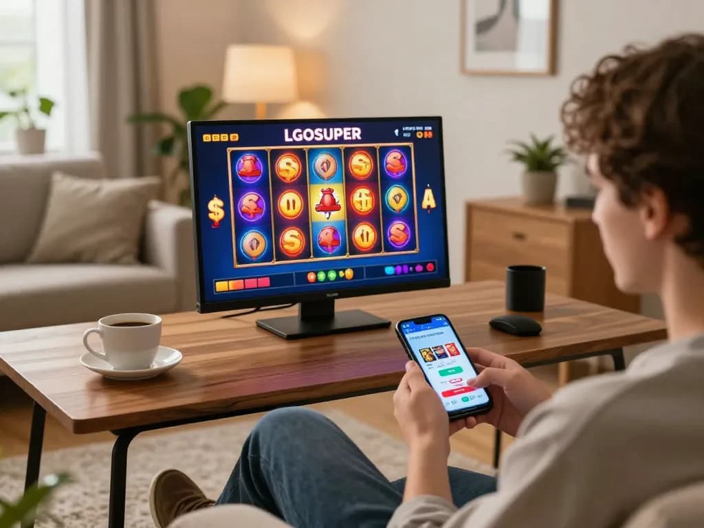 Engaged player using the LGOSUPER app to spin colorful slot reels on a smartphone in a cozy home setting.