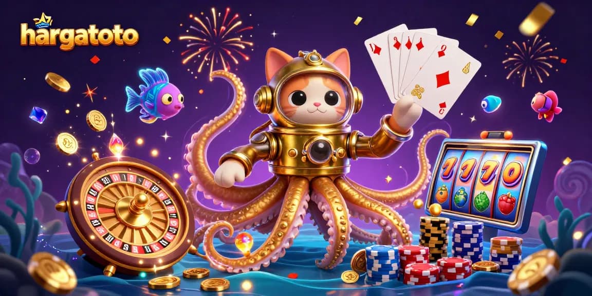 Engage with thrilling hargatoto gaming as a kraken and diving cat discover treasures in a vibrant casino scene.