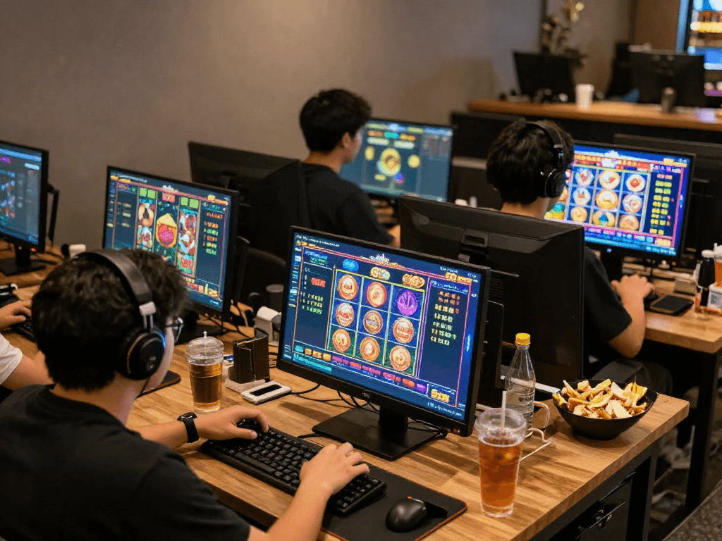 Players enjoying slot gacor games on devices with vibrant screens in a modern gaming lounge.