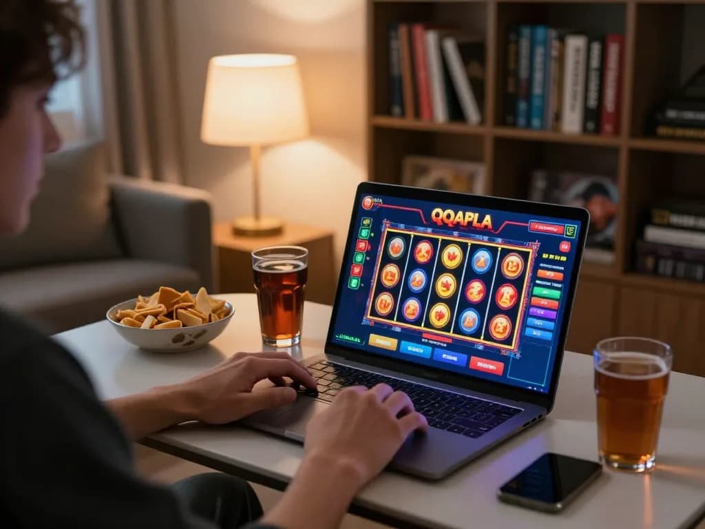 Engaging gameplay on a laptop featuring qqalfa slot, enhancing home gambling experience with vibrant visuals and snacks.