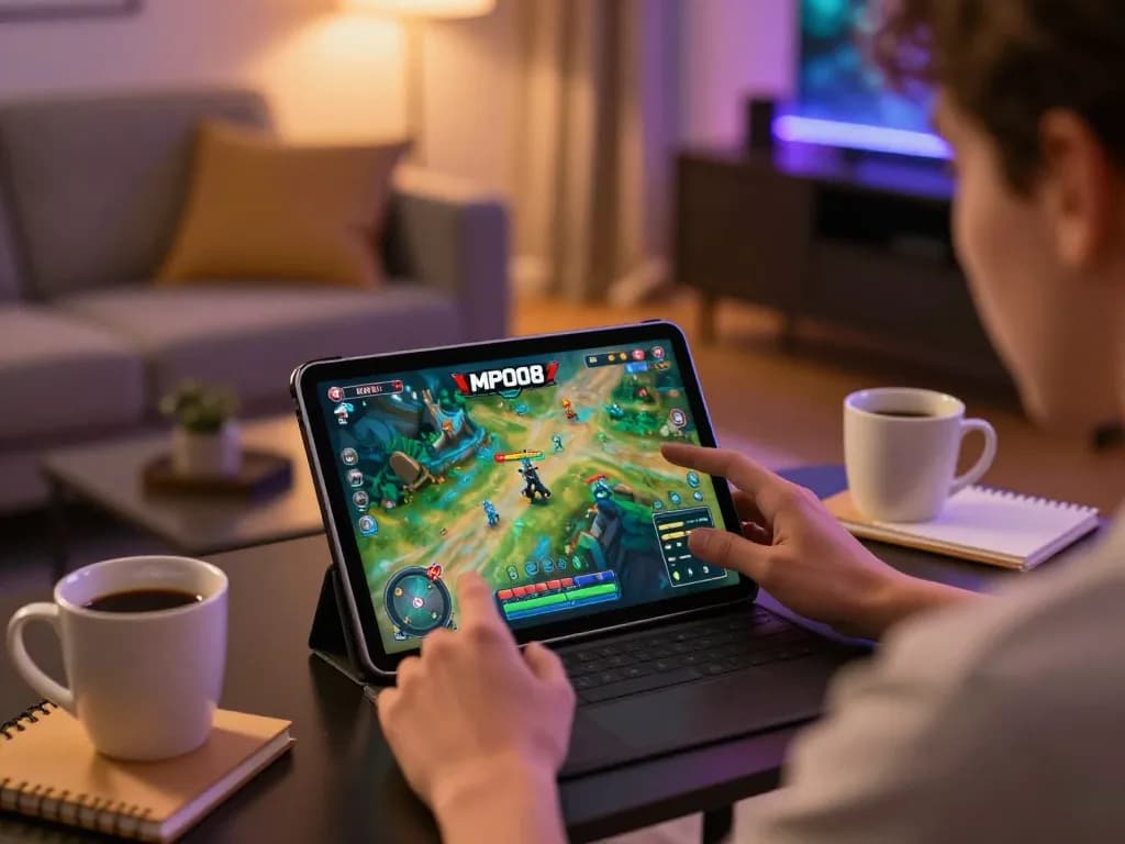 MPO08 online gaming experience with user interacting with tablet gaming interface in a cozy home setting.
