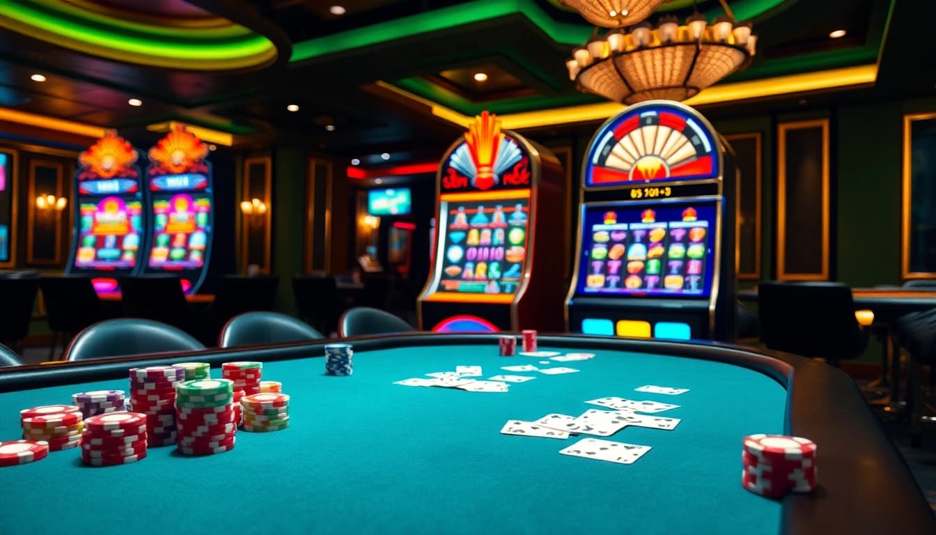 Situs Gacor menampilkan permainan poker yang seru dengan chip berwarna-warni dan kartu di lingkungan kasino mewah.