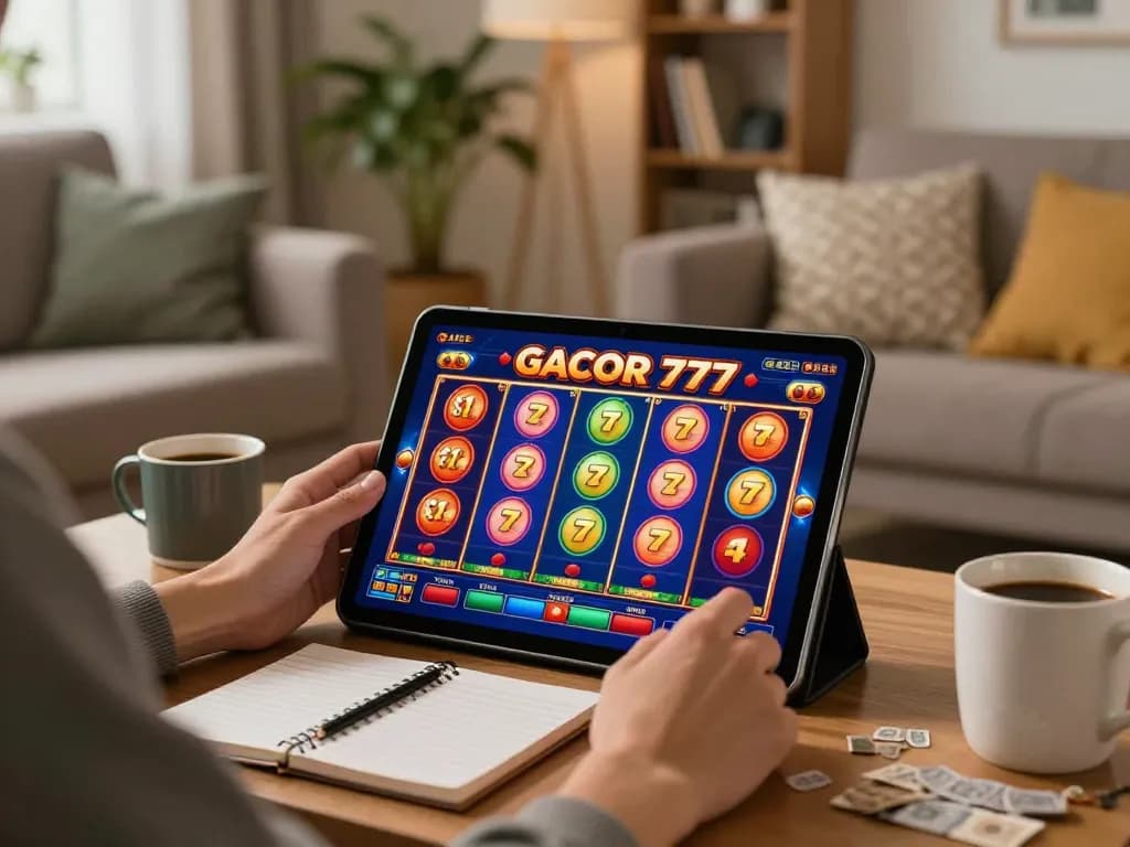 Engaged player exploring SLOT GACOR 777 online slots on a tablet, showcasing a fun home gaming atmosphere.