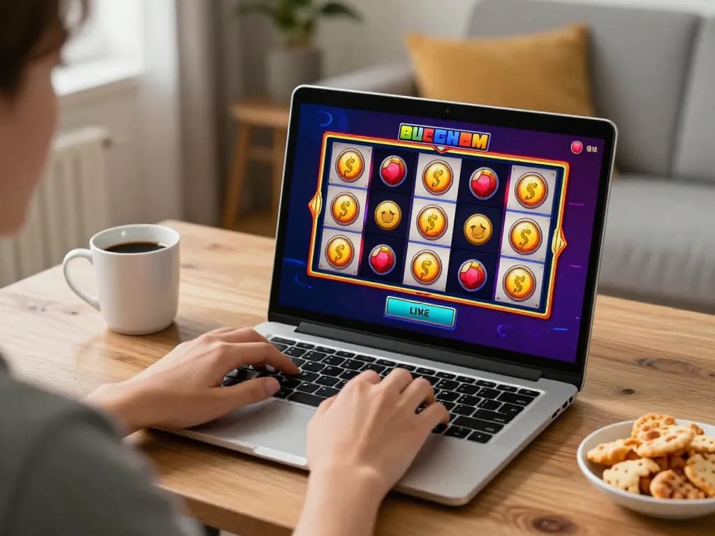 Engaging online gaming moment at OKESLOT with colorful slot reels displayed on laptop.