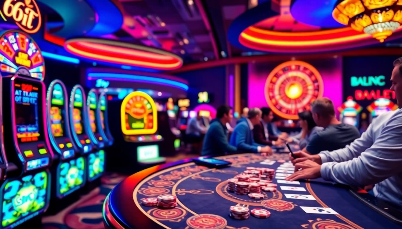 Engaged players at a poker table in a vibrant casino, reflecting the excitement of 69 VN gaming.