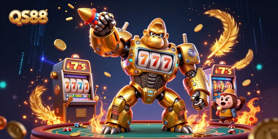Engage in thrilling gaming with QS88's vibrant casino illustration of a golden gorilla mech and slot elements.