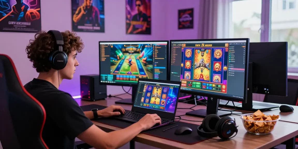 Gamer immersed in a slot game experience with vibrant graphics and dual monitors.