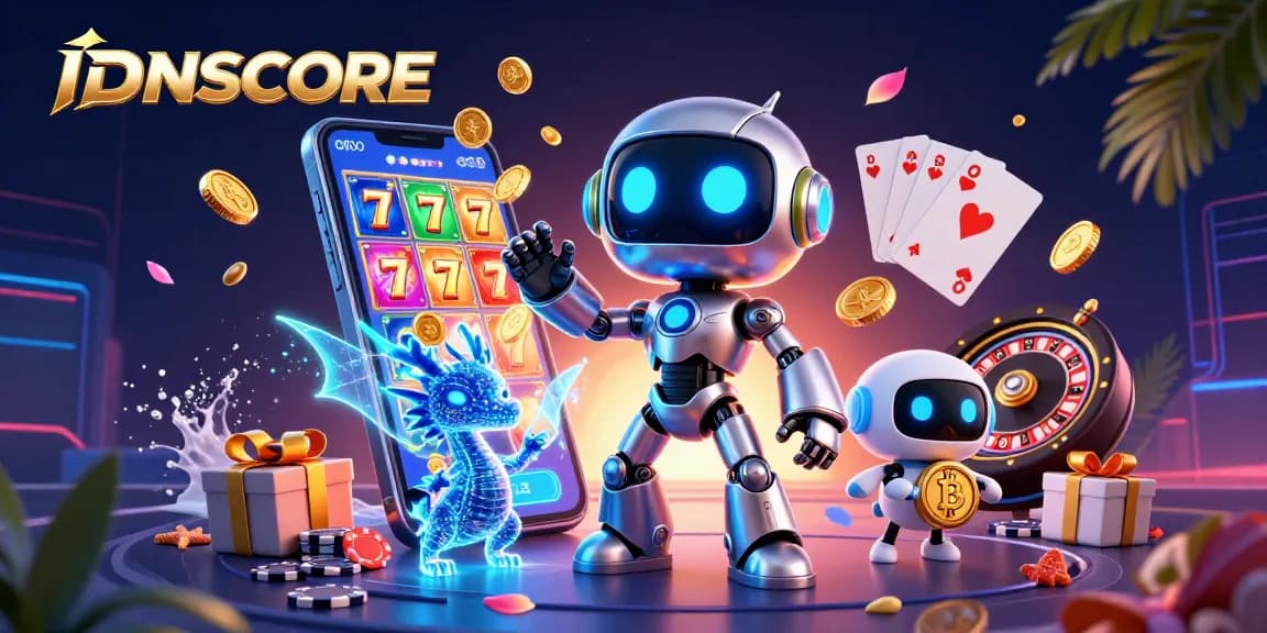 Engage with IDNSCORE's vibrant 3D cartoon gaming scene featuring a cyberpunk robot and interactive elements.