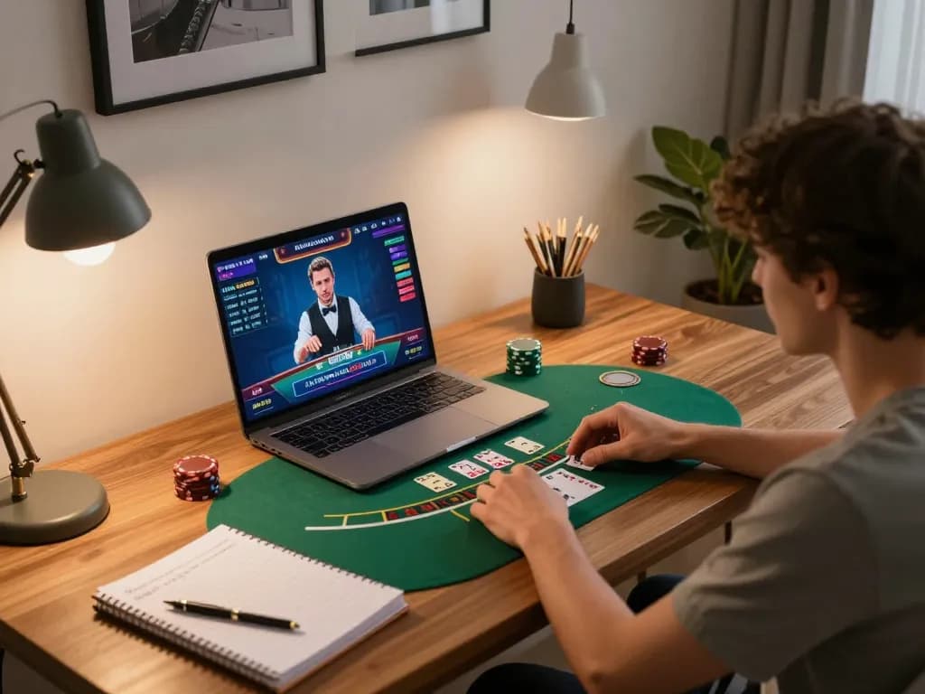Player engaging in live blackjack on laptop, enjoying gaming experience with alo88 eu com.