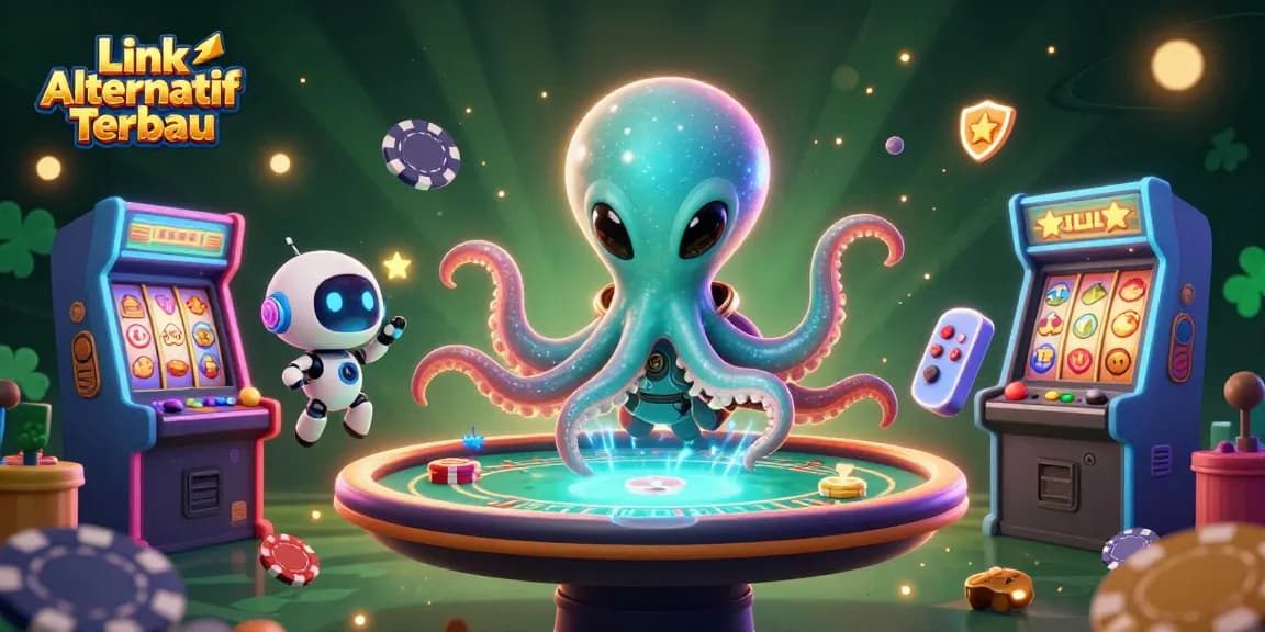 Win big with Link Alternatif Terbaru at a vibrant 3D casino scene featuring an alien octopus and its robot friend.