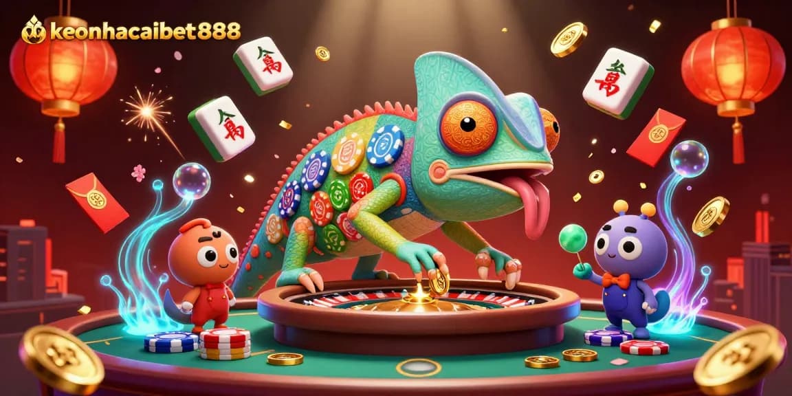 Experience excitement at keonhacaibet888 with a vibrant 3D illustration of a chameleon casino owner amidst dynamic games.