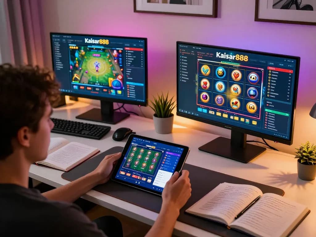 Engaging gameplay on kaisar888 slot with detailed strategy notes in a cozy gaming space