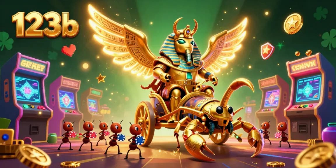 Experience excitement with 123b’s colorful scene of a golden beetle and scorpions, showcasing casino games.