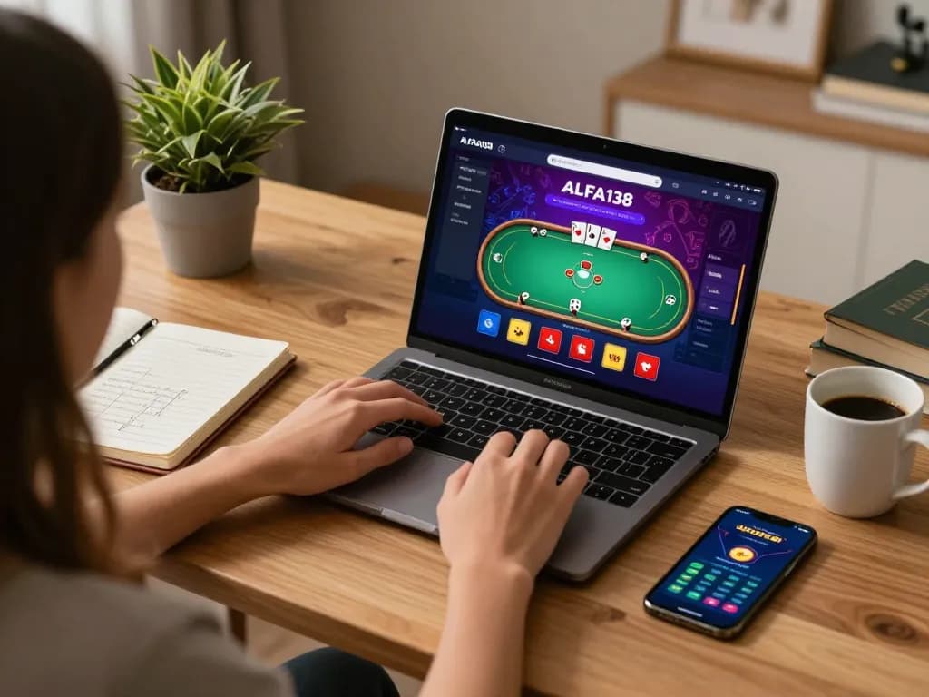 Play poker on the ALFA138 platform with a laptop while taking notes on strategies.