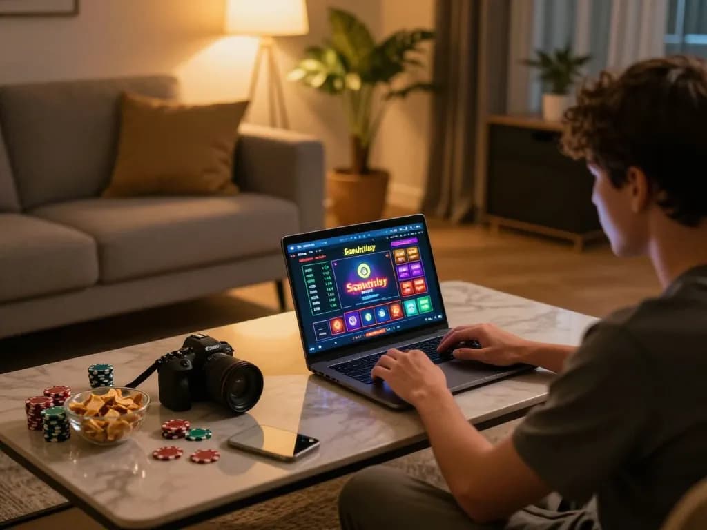 Engaging online gambling with Sepuhplay on a laptop in a cozy home setting, showcasing strategic gameplay.