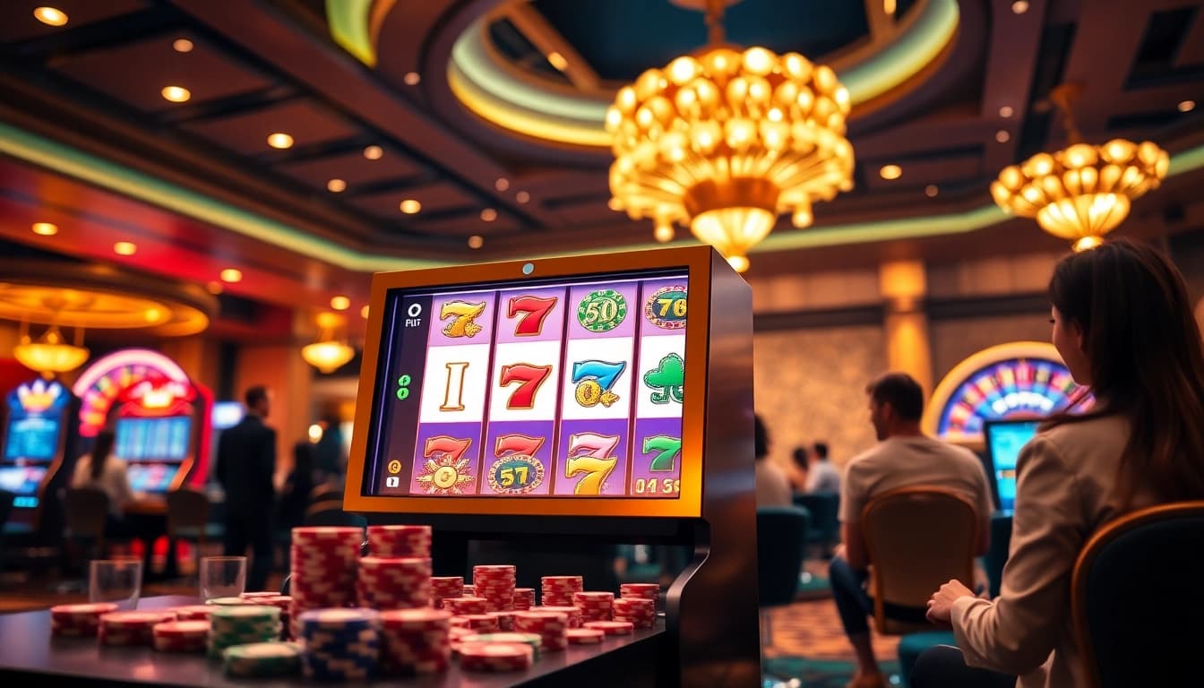 Engaging scene with players enjoying idnslot gambling at a vibrant casino full of excitement.