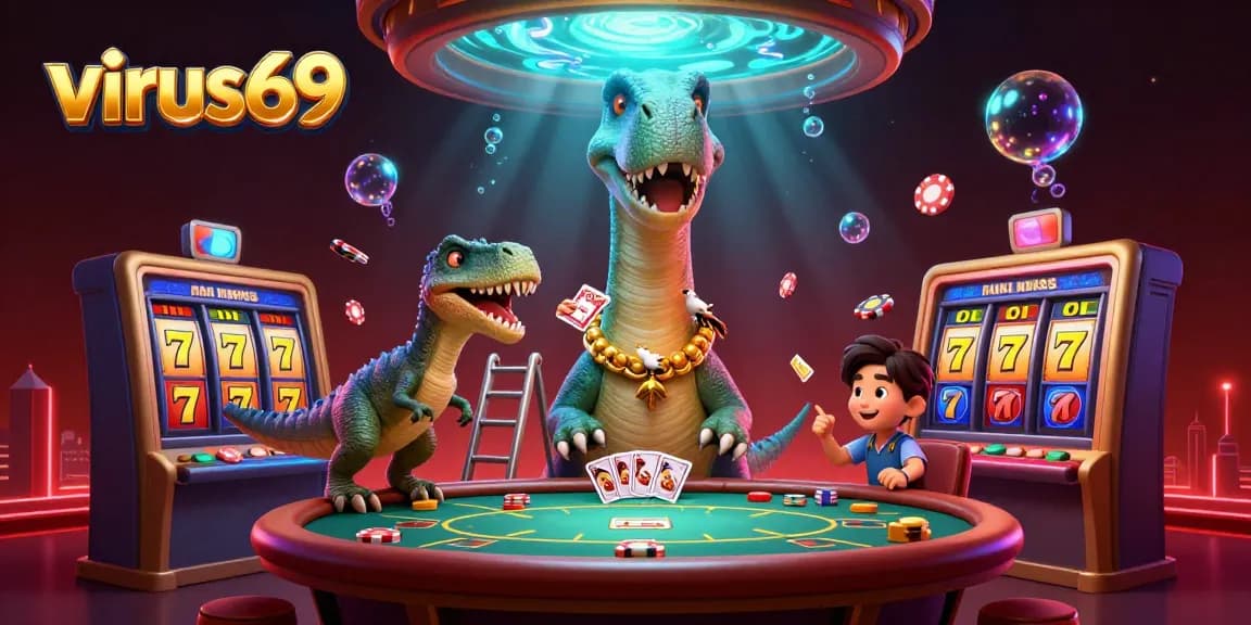 Experience the vibrant atmosphere of virus69 with a towering brontosaurus amidst lively poker action.