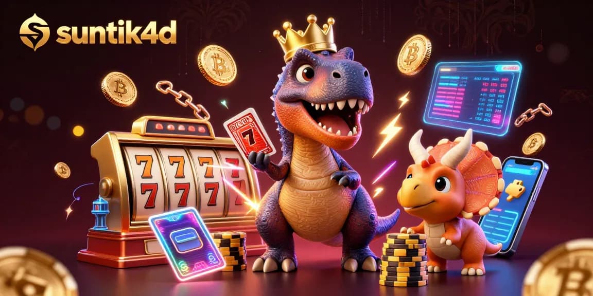 Suntik4d menampilkan T-Rex lucu dengan mahkota emas, pterodactyl membantu kartu, dan triceratops mengumpulkan chip emas.