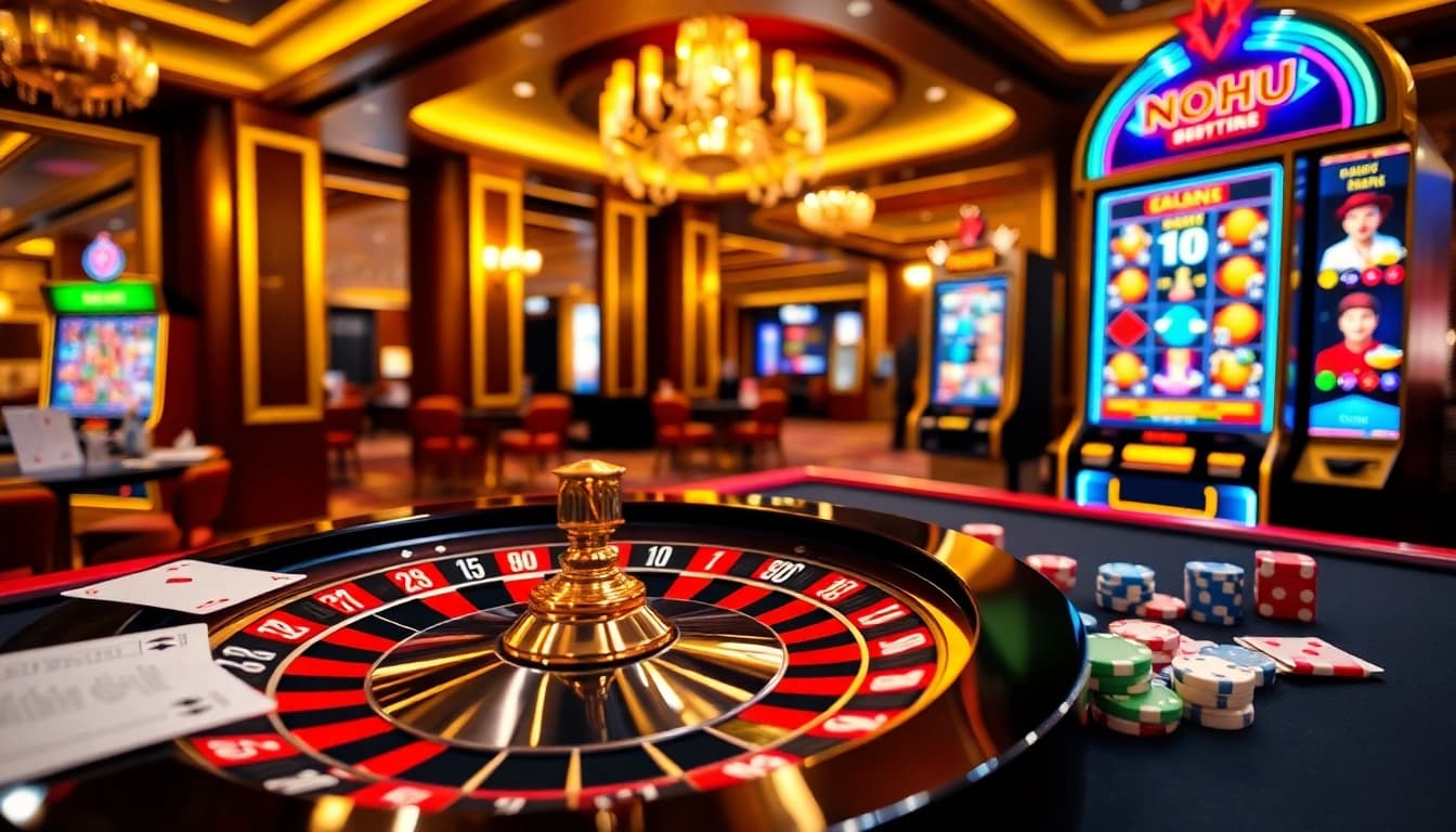 Experience the thrill of nohu gaming with vibrant casino elements like roulette and poker chips.