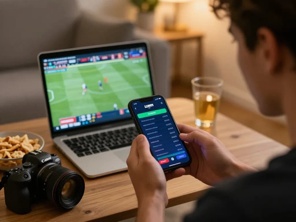 LLWIN player actively placing bets on sports events with smartphone in hand and laptop streaming matches.