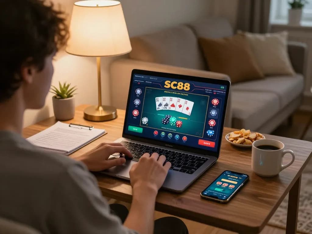 Engaging poker gameplay at SC88 online casino with focused player using laptop and strategic notes.