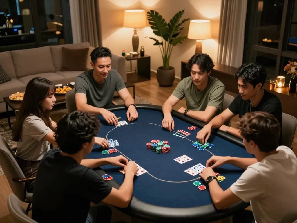 Friends engaging in a thrilling poker game at home, showcasing teamwork and strategy with chips and cards on the table, highlighting their fun experience.