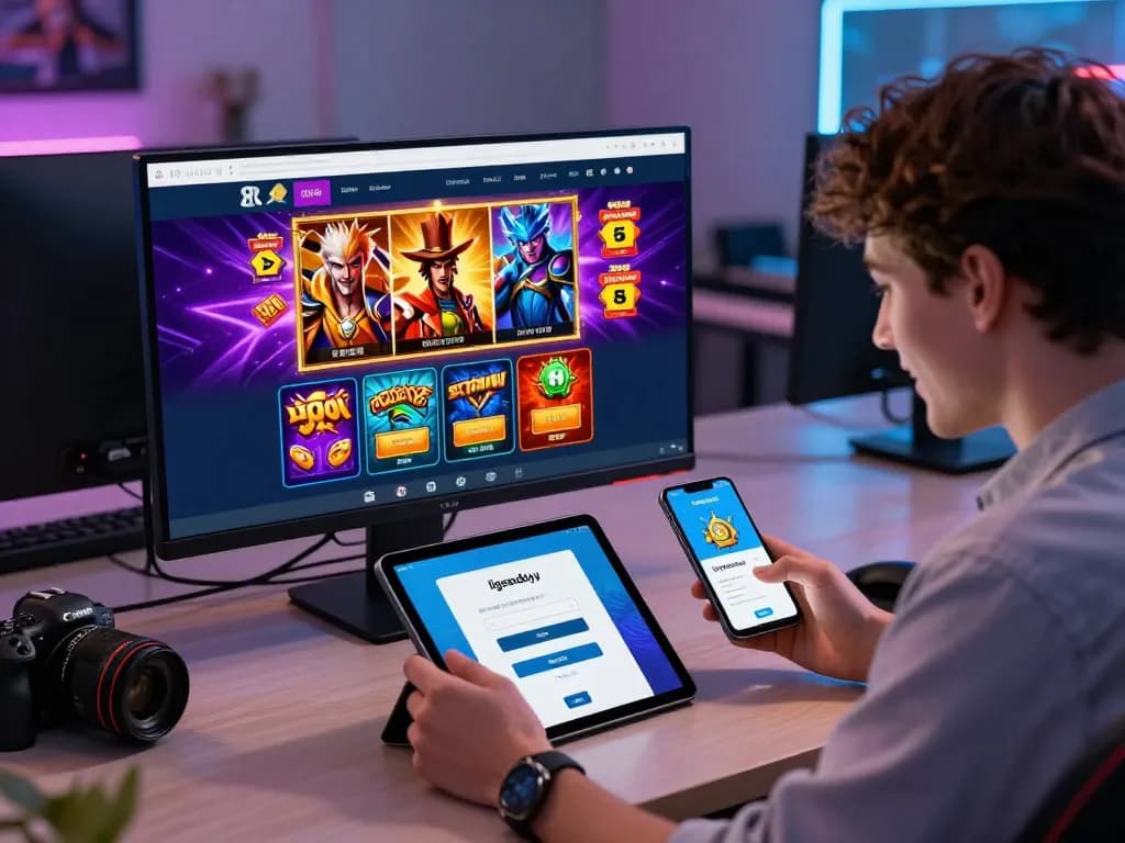 Engaged user accessing ligasedayu login on tablet, surrounded by gaming graphics and promotional banners.