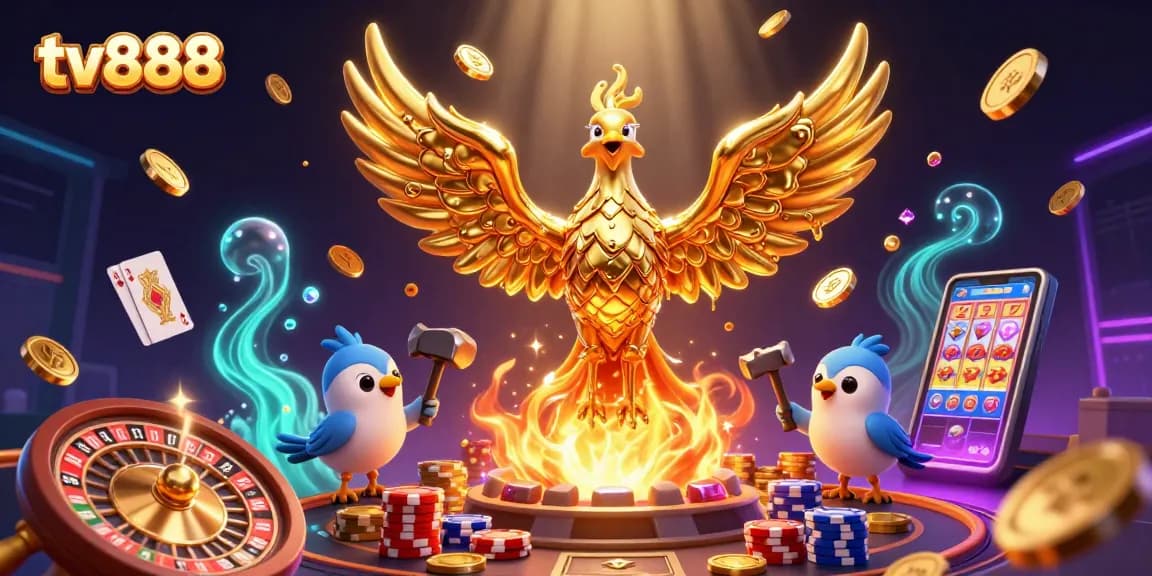 Win big with tv888's vibrant casino experience, featuring golden phoenix and dynamic gaming elements.