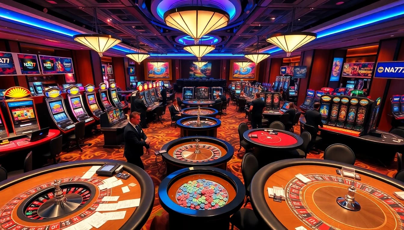 Gamblers enjoying a thrilling experience at NA777, with vibrant tables and a lively casino atmosphere.