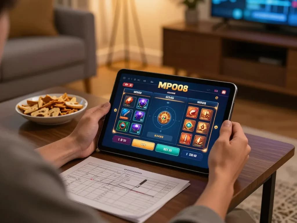 MPO08 online gaming session on tablet with players strategizing in a cozy home setting