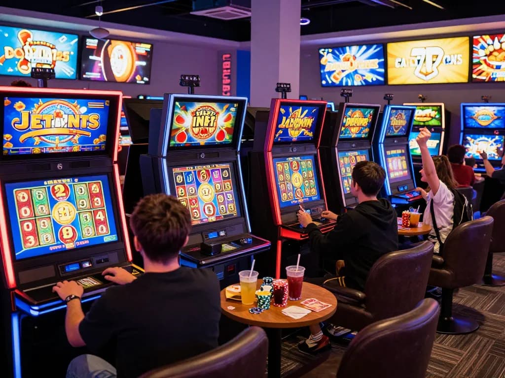Suasana permainan yang menarik menampilkan pemain di mesin slot virus88, merayakan kemenangan dan berinteraksi dengan visual yang hidup di lounge modern.