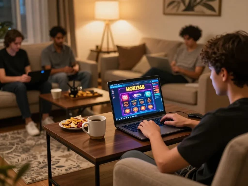 Pemain online yang terlibat menikmati pengalaman HOKI368, menampilkan pengaturan permainan di rumah, suasana yang fokus.