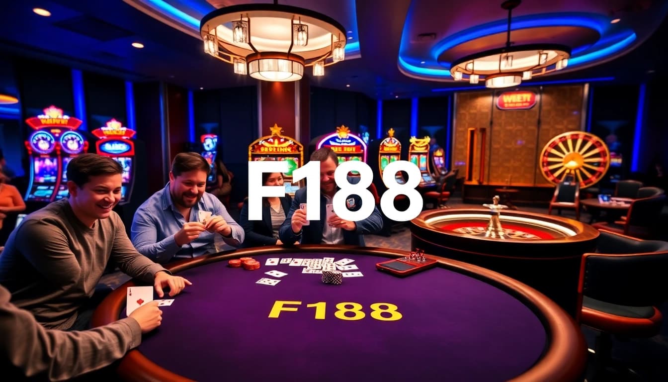 Players engage at the F168 poker table, surrounded by vibrant slot machines in a luxurious casino.