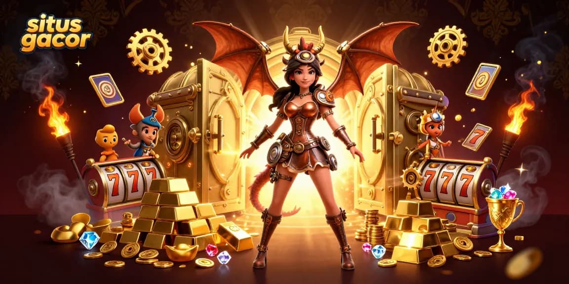 Win big at situs gacor with a dazzling scene of golden treasures and slot reels.