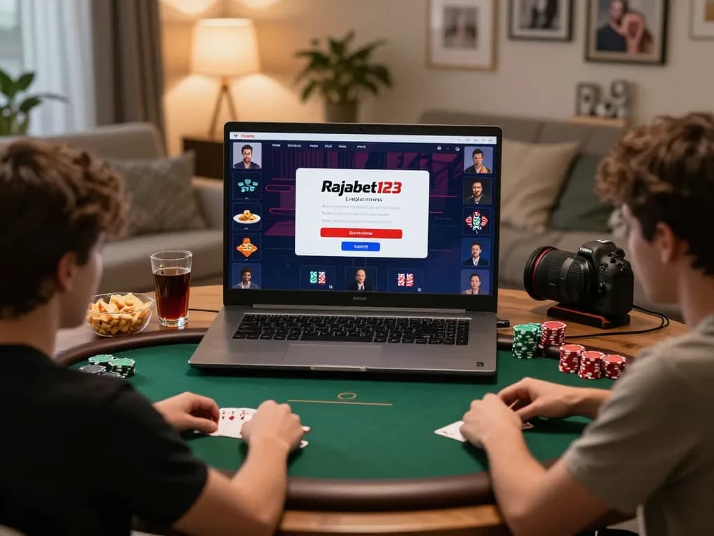 Engaging scene of players using Rajabet123 Login for online poker in a cozy home setting, enjoying snacks and drinks.