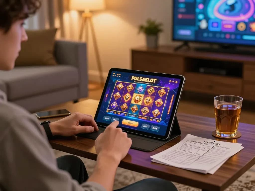 PULSASLOT engages players with an exciting tablet interface for online slots in a cozy home.