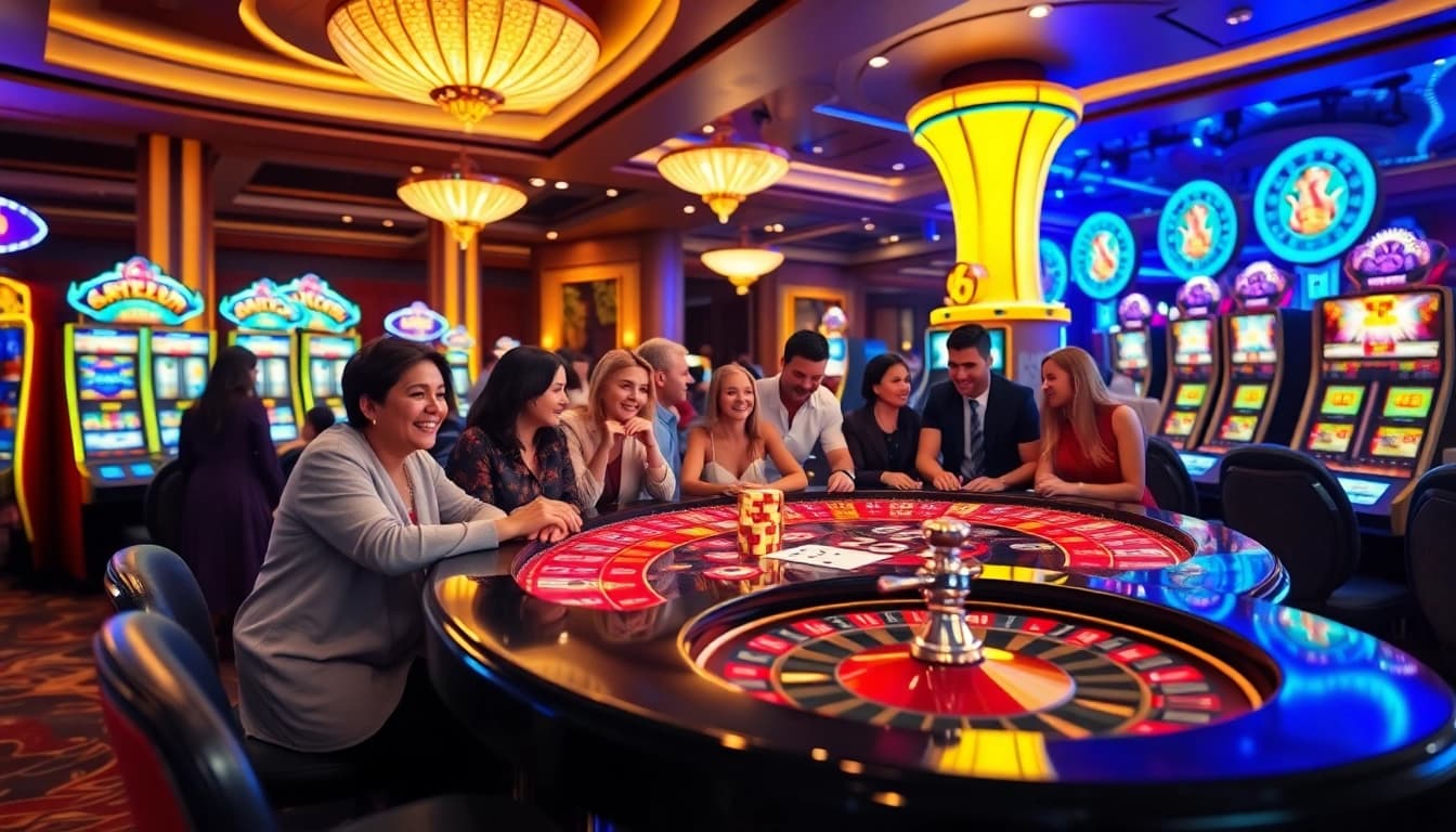 Slot Gacor players celebrating victories at a luxurious casino table surrounded by vibrant slot machines.
