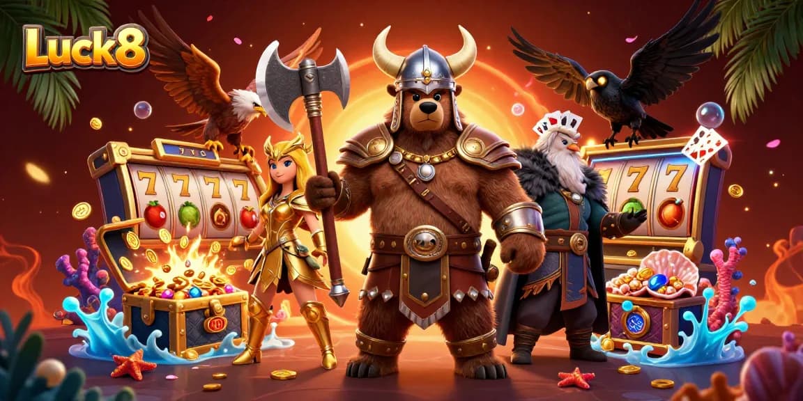 Experience thrilling gameplay at Luck8 with a vibrant 3D casino illustration featuring vibrant characters and elements.