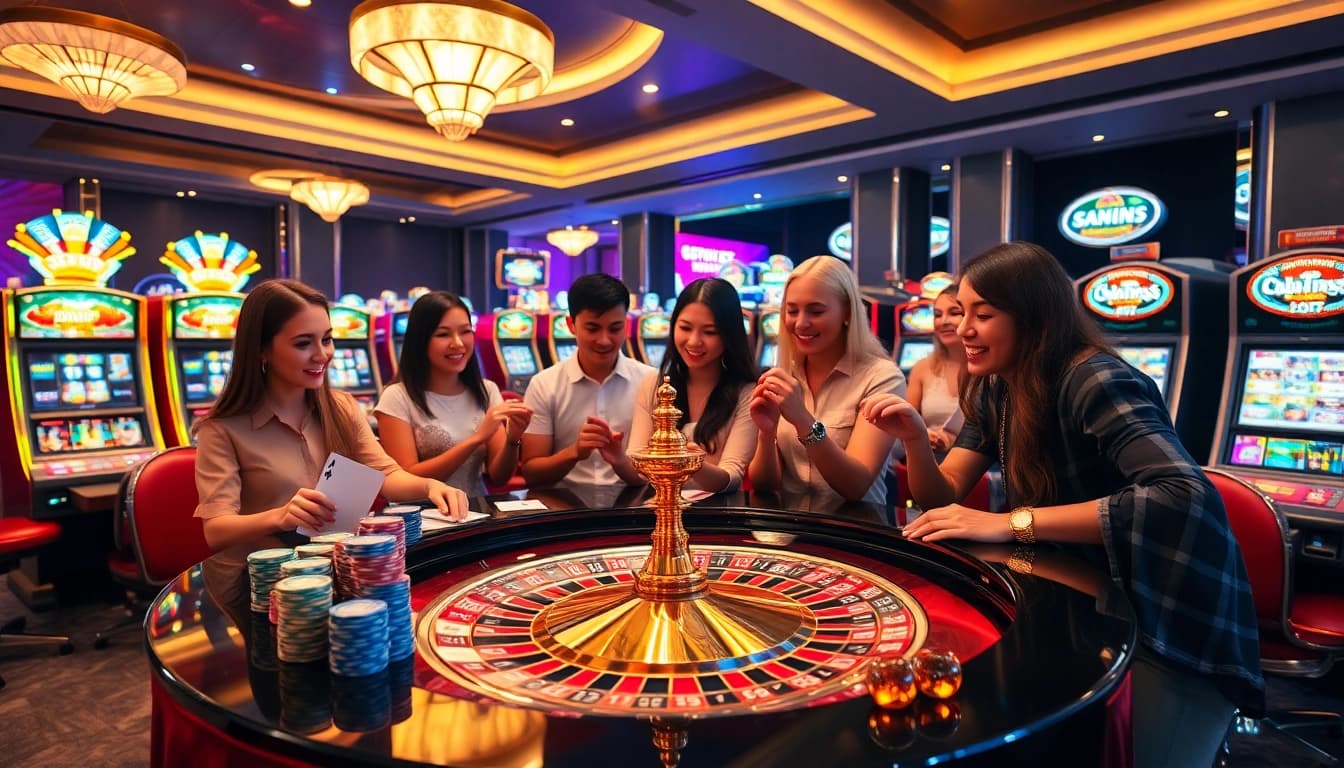 A lively casino scene featuring players at go 88 table games, capturing the excitement and luxury of gambling.